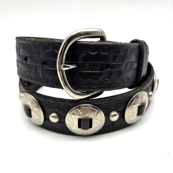 Vintage 80s Handmade Black Tooled Genuine Leather Studded Concho Belt 30-34" - Picture 2 of 16